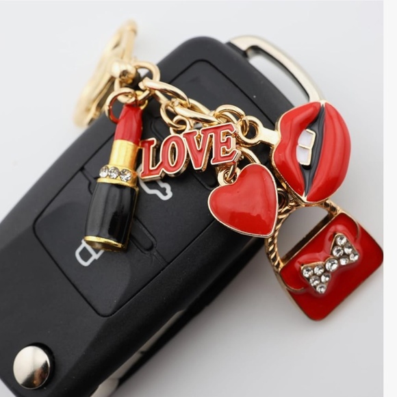 Red and Gold Keychain with Lipstick Charm - Picture 3 of 4